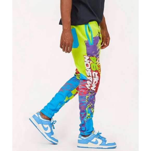 Maison Noir Moto club Men's Pants XL Fleece Joggers all over print Neon Yellow - Picture 11 of 12